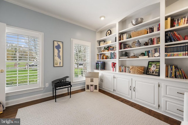 living area featuring baseboards, a healthy amount of sunlight, and dark wood-style floors