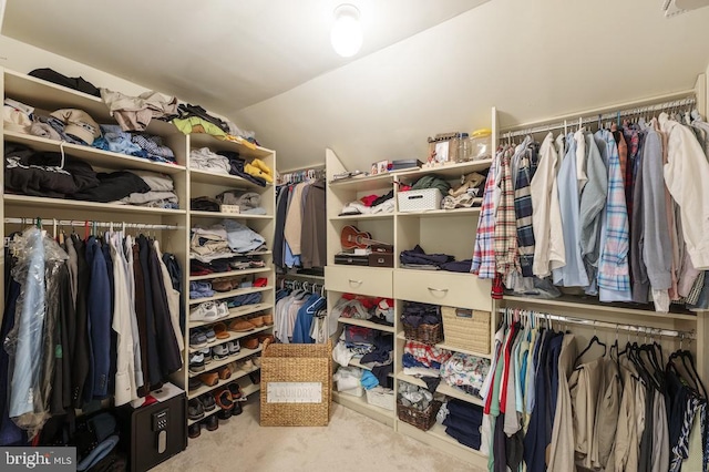 spacious closet featuring carpet flooring and lofted ceiling