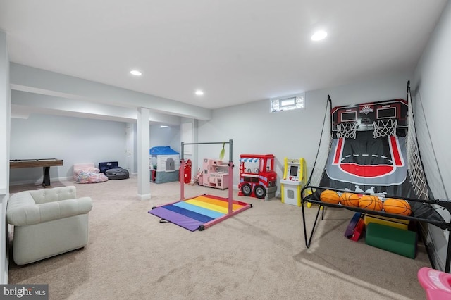 playroom with carpet floors and recessed lighting