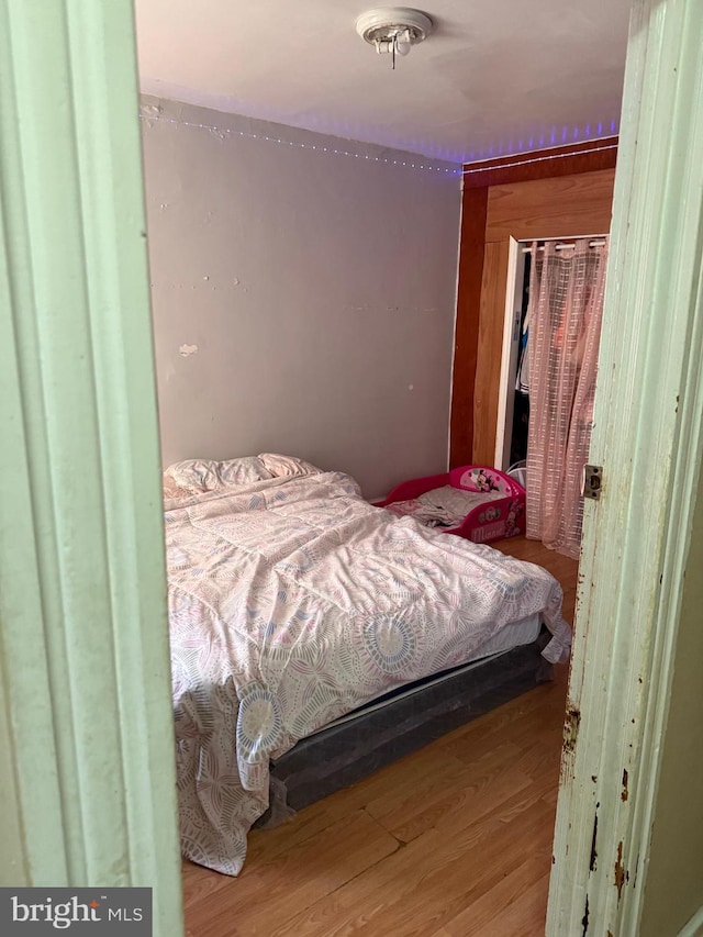 bedroom featuring wood finished floors and a closet