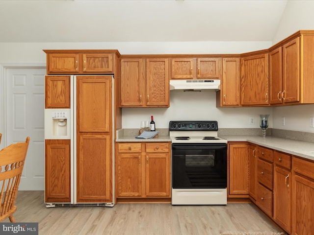 kitchen featuring paneled built in fridge, light countertops, light wood-style flooring, under cabinet range hood, and range with electric stovetop
