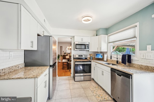 kitchen with appliances with stainless steel finishes, a sink, tasteful backsplash, and white cabinets