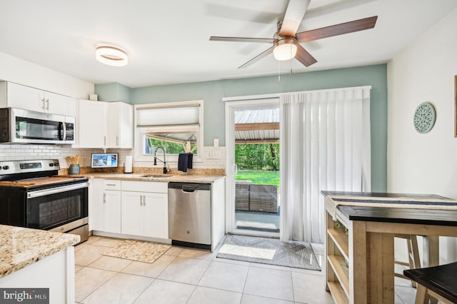 kitchen with stainless steel appliances, a sink, decorative backsplash, and white cabinets