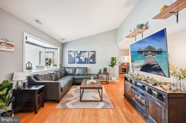 living area featuring light wood finished floors and vaulted ceiling