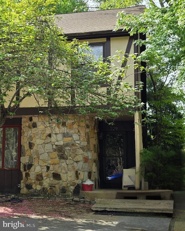 view of property exterior featuring a shingled roof and stone siding