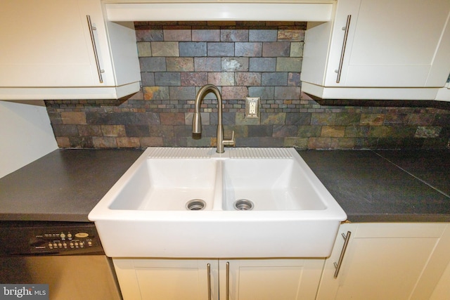 229 Keats Ct, Sicklerville, NJ 08081 - kitchen view of white cabinets, decorative backsplash, and dark countertops
