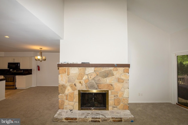 229 Keats Ct, Sicklerville, NJ 08081 - unfurnished living room featuring light colored carpet, a chandelier, high vaulted ceiling, and a stone fireplace