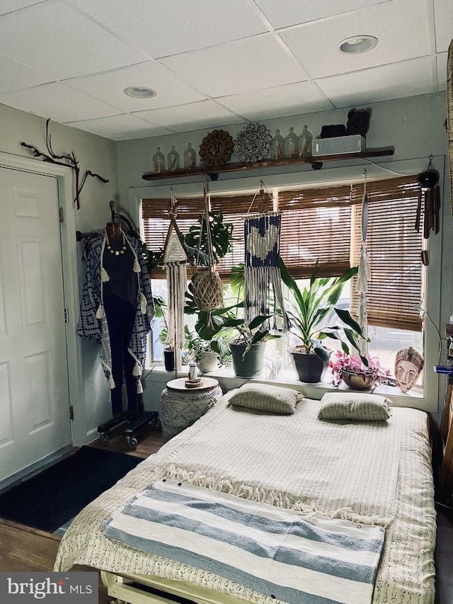 bedroom featuring a paneled ceiling and wood finished floors