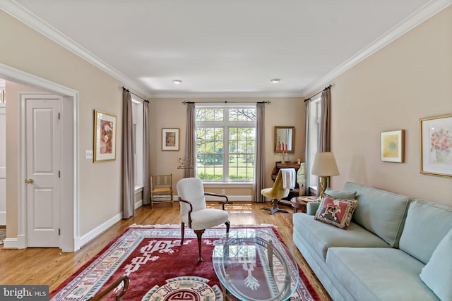 living area featuring light wood-style floors, baseboards, and ornamental molding