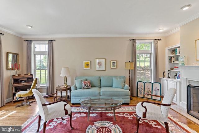 living room with ornamental molding, wood finished floors, and a healthy amount of sunlight