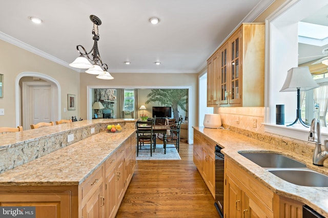 kitchen with crown molding, wood finished floors, a sink, light stone counters, and glass insert cabinets