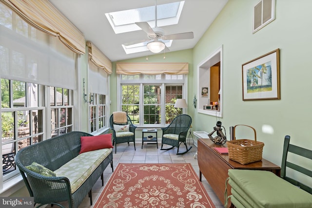 sunroom / solarium featuring french doors, a ceiling fan, visible vents, an outdoor hangout area, and lofted ceiling with skylight