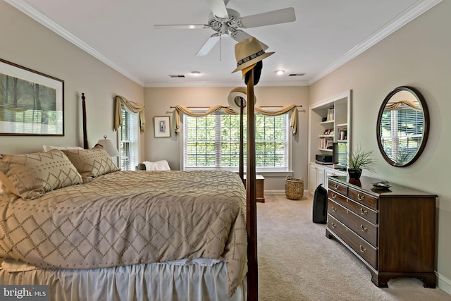 bedroom with crown molding, ceiling fan, light colored carpet, baseboards, and visible vents