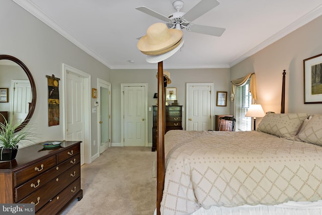 bedroom with baseboards, ornamental molding, light carpet, and ceiling fan