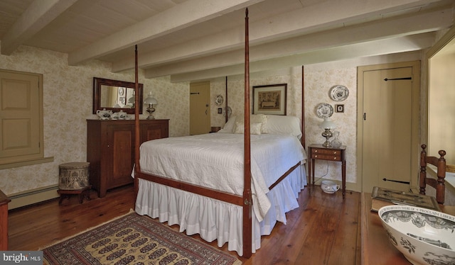 bedroom with wallpapered walls, a baseboard radiator, wood-type flooring, and beam ceiling