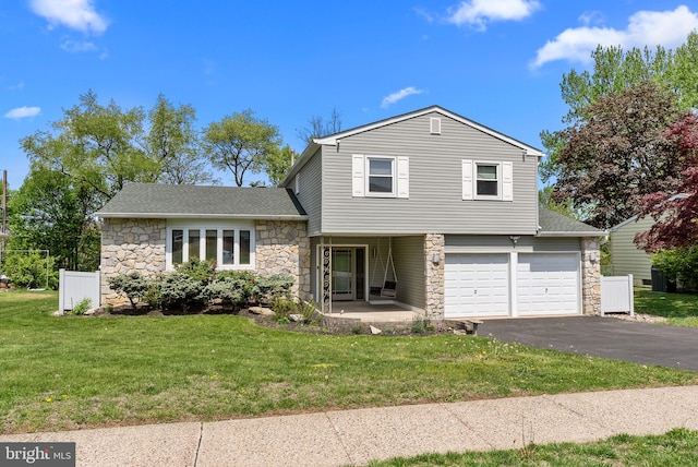 view of front of house with a garage, a front lawn, aphalt driveway, stone siding, and a shingled roof