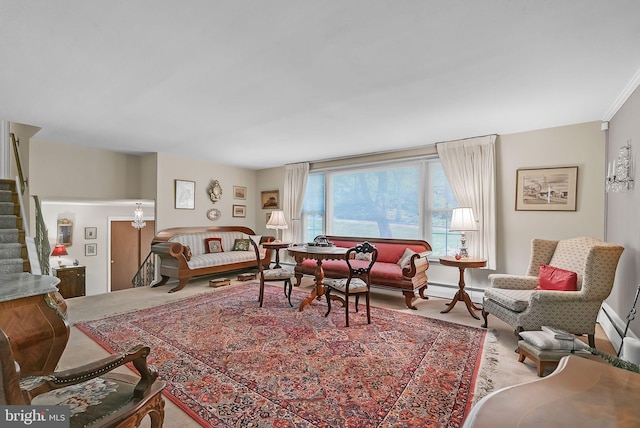 carpeted living room with stairs