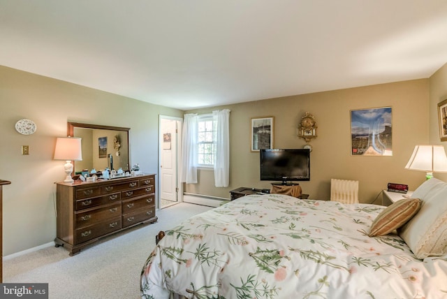 carpeted bedroom featuring baseboards, a baseboard heating unit, and radiator heating unit