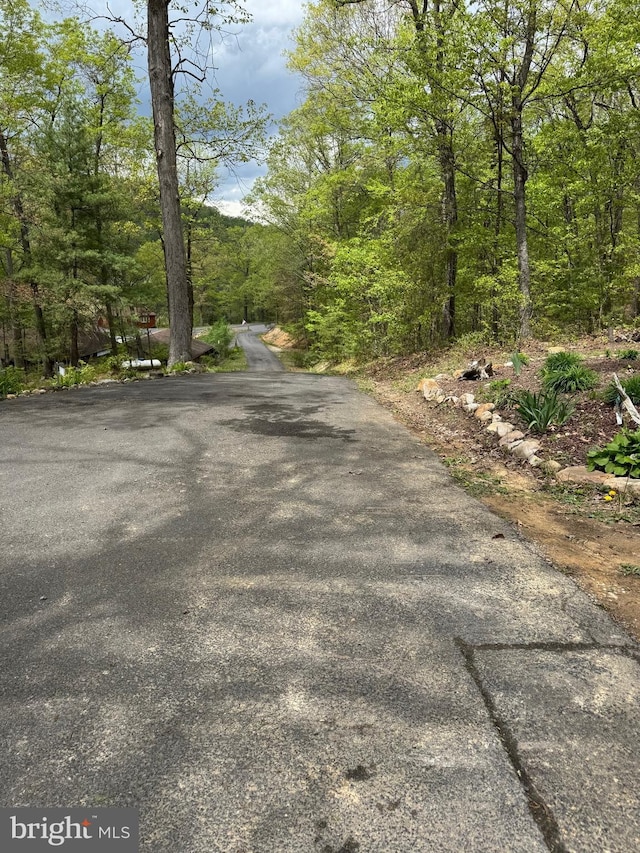 view of street featuring a forest view