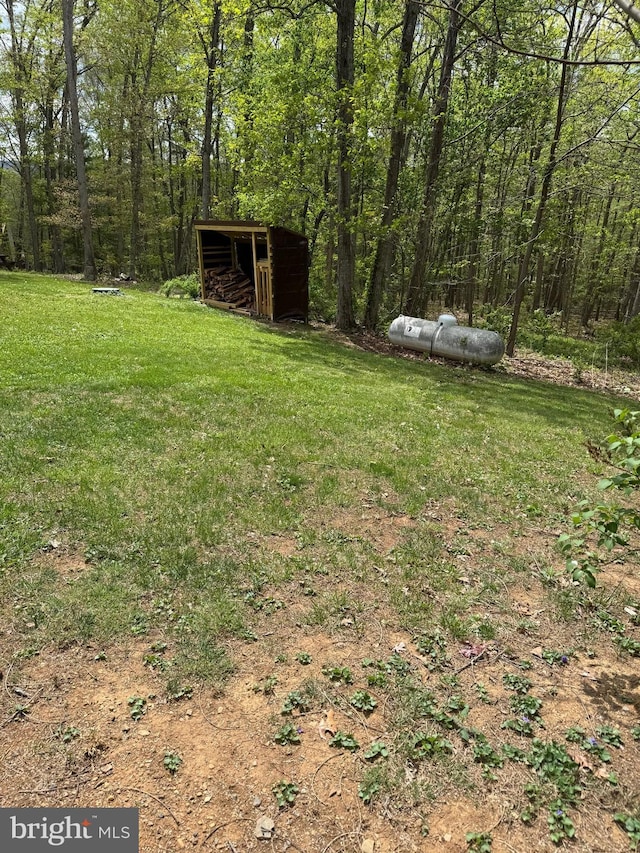 view of yard featuring an outdoor structure, an outbuilding, and a wooded view