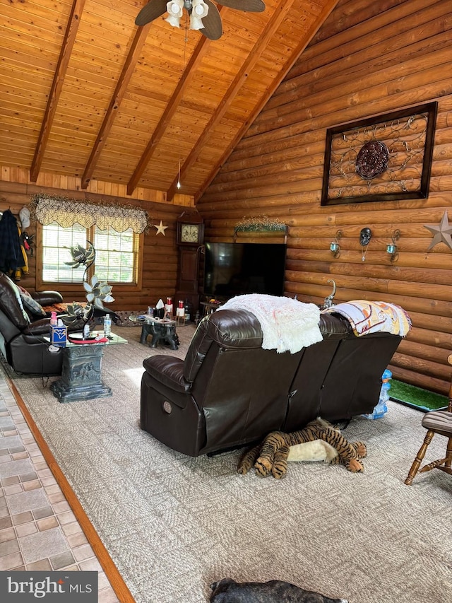living area with beam ceiling, high vaulted ceiling, a ceiling fan, wood ceiling, and log walls