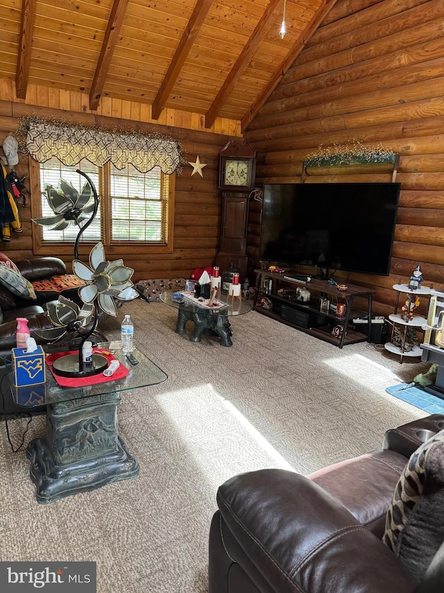 living room with carpet, wood ceiling, and rustic walls