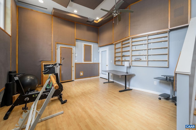 2364 N Chesterfield Ct, Charlottesville, VA 22911 - exercise area with ceiling fan, a high ceiling, wood finished floors, recessed lighting, and baseboards