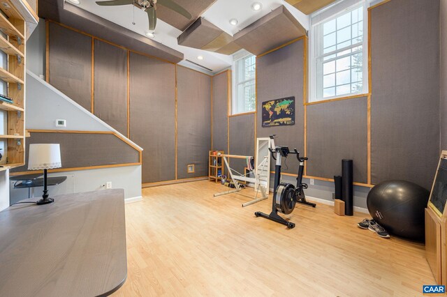 2364 N Chesterfield Ct, Charlottesville, VA 22911 - workout area featuring wood finished floors, baseboards, a ceiling fan, and recessed lighting