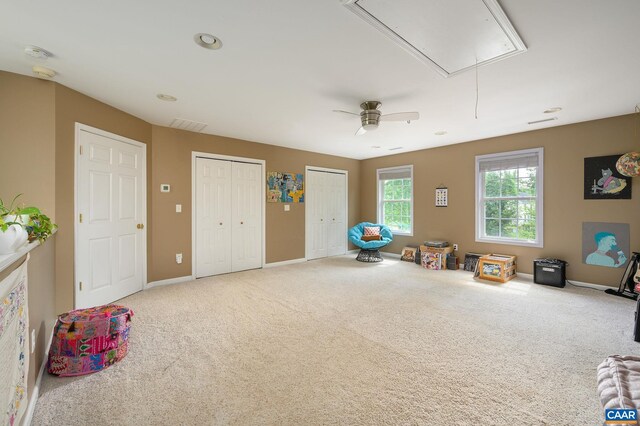 2364 N Chesterfield Ct, Charlottesville, VA 22911 - game room featuring attic access, carpet, baseboards, and a ceiling fan