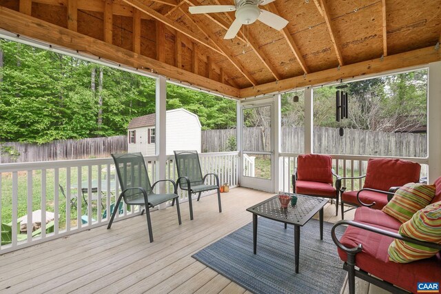 2364 N Chesterfield Ct, Charlottesville, VA 22911 - sunroom with a ceiling fan, vaulted ceiling, and an outdoor hangout area