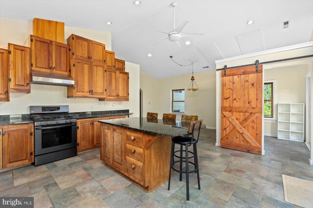 kitchen with stainless steel gas range, a barn door, a ceiling fan, a healthy amount of sunlight, and under cabinet range hood