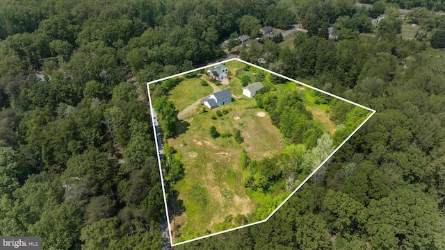 bird's eye view with a wooded view