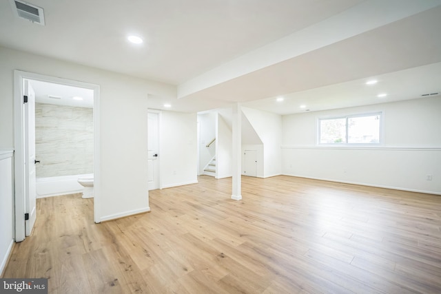1797 Valleyside Dr, Frederick, MD 21702 - below grade area featuring stairway, light wood-style flooring, recessed lighting, and baseboards