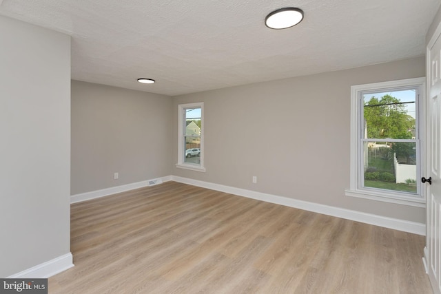 spare room featuring baseboards, light wood-style flooring, and plenty of natural light