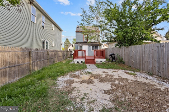 view of yard featuring a fenced backyard and a deck