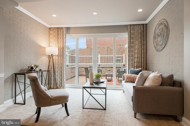 418 Seward Sq SE Unit 3, Washington, DC 20003 - living area with ornamental molding, carpet floors, recessed lighting, and brick wall