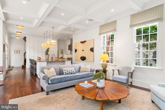 304 S Saint Asaph St, Alexandria, VA 22314 - living room featuring dark wood-style floors, coffered ceiling, baseboards, beam ceiling, and recessed lighting