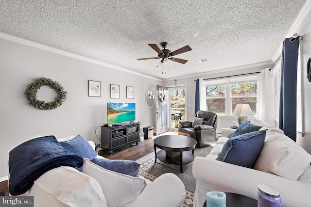 54 Dogwood Rd, Manahawkin, NJ 08050 - living area with ceiling fan, ornamental molding, a textured ceiling, and wood finished floors