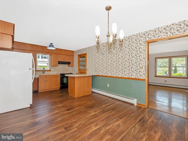 9203 Oak Tree Cir, Frederick, MD 21701 - kitchen featuring baseboard heating, black electric range oven, dishwasher, freestanding refrigerator, and wallpapered walls