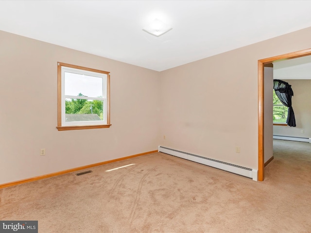 9203 Oak Tree Cir, Frederick, MD 21701 - unfurnished room featuring visible vents, baseboard heating, carpet floors, baseboards, and a baseboard heating unit