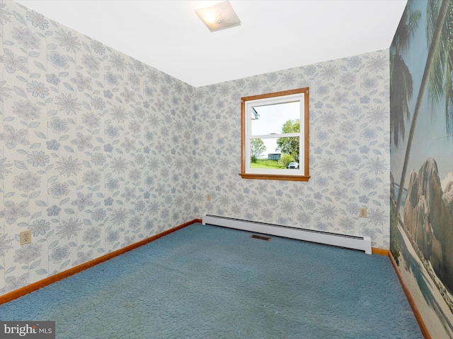 9203 Oak Tree Cir, Frederick, MD 21701 - empty room with carpet, a baseboard heating unit, and wallpapered walls