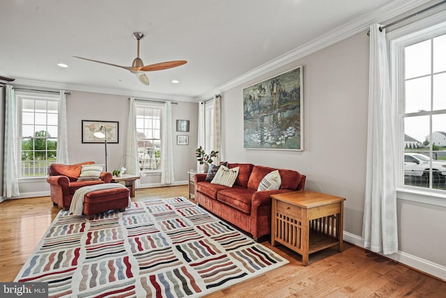 living room with crown molding, light wood finished floors, ceiling fan, and a healthy amount of sunlight