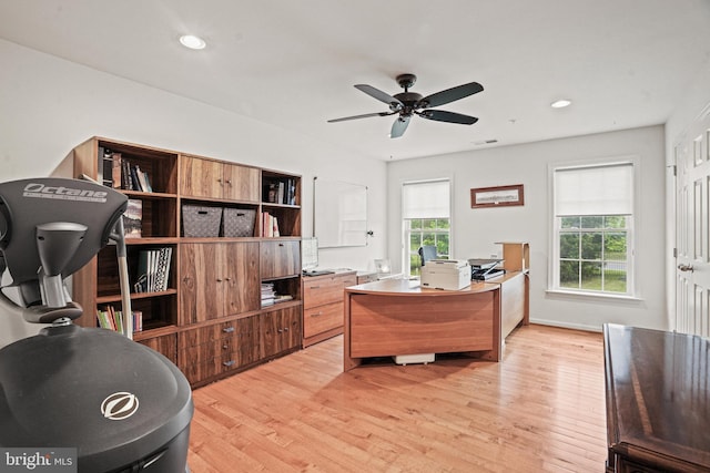 home office featuring light wood-style floors, visible vents, ceiling fan, and recessed lighting