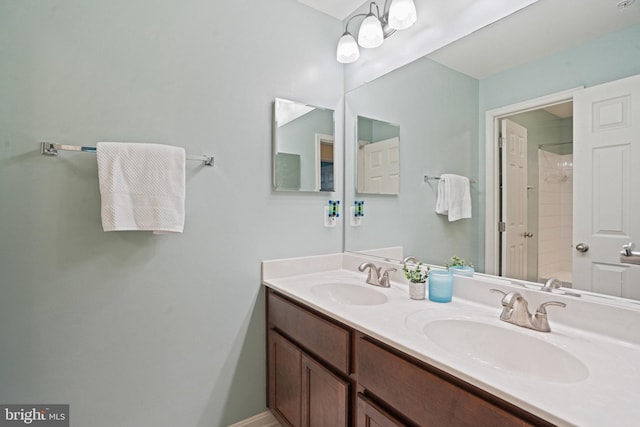 full bath featuring a sink, double vanity, and a shower