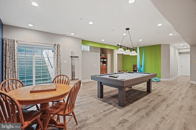 game room with recessed lighting, light wood-style floors, baseboards, and pool table