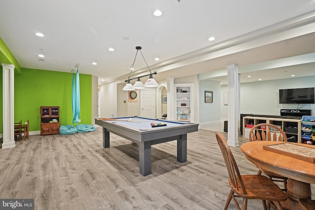 recreation room featuring decorative columns, recessed lighting, light wood-style flooring, billiards, and baseboards