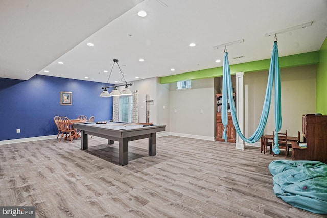 recreation room with billiards, wood finished floors, baseboards, and recessed lighting