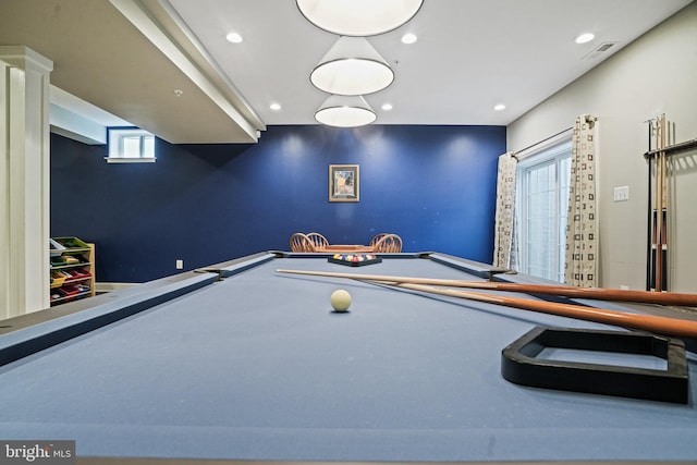 game room with billiards, visible vents, and recessed lighting