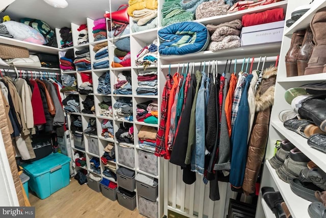 walk in closet with wood finished floors