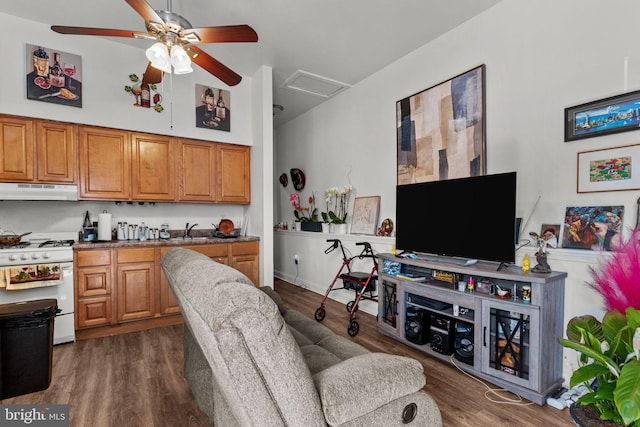 living area featuring ceiling fan, attic access, and wood finished floors